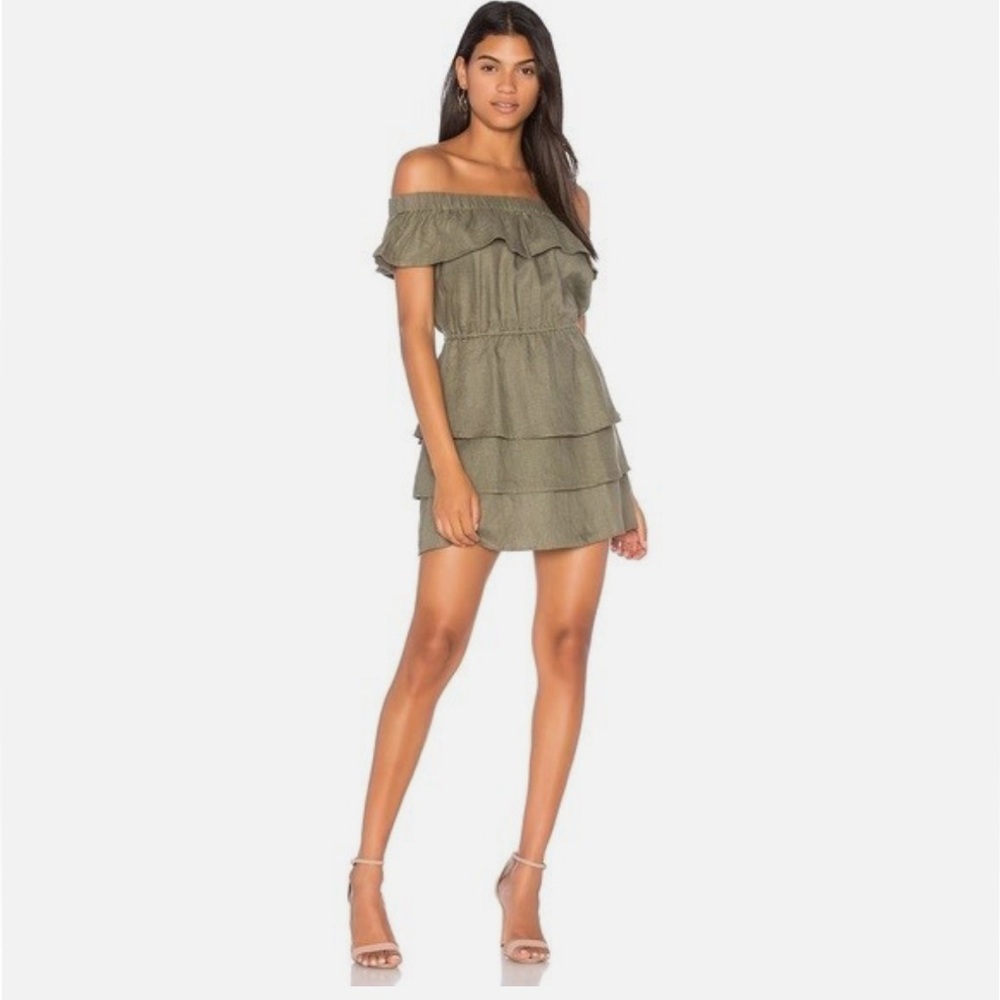 SIR The Label Stefi Linen Ruffle Mini Dress in Dark Olive